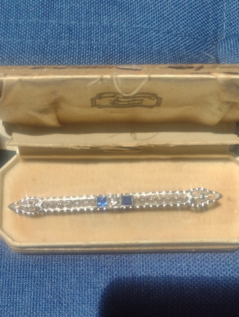 Cowell & Hubbard Co. Vintage 14k White Gold Bar Pin with Blue Sapphires Diamonds